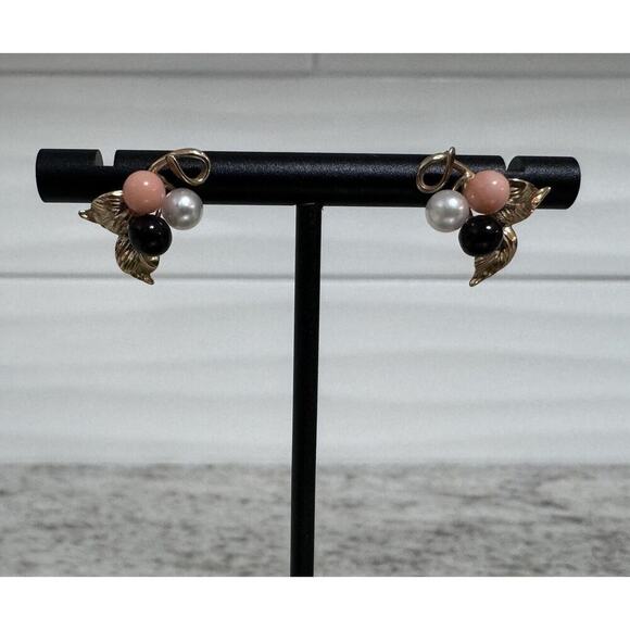 14k Gold Elegant Pearl Coral & Onyx Earrings Signed